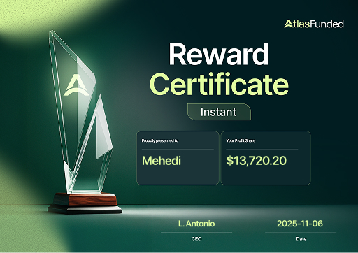 Certificat de récompense AtlasFunded de Mehedi : 13 720,20 $, daté du 6 novembre 2025.